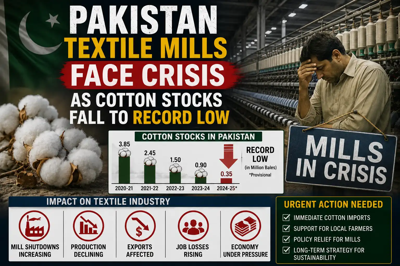 Pakistan Textile Mills Face Crisis as Cotton Stocks Fall to Record Low