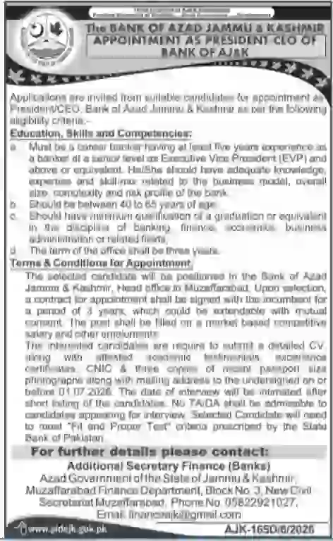 Bank of Azad Jammu & Kashmir Jobs 2026 Announced for President/CEO Position