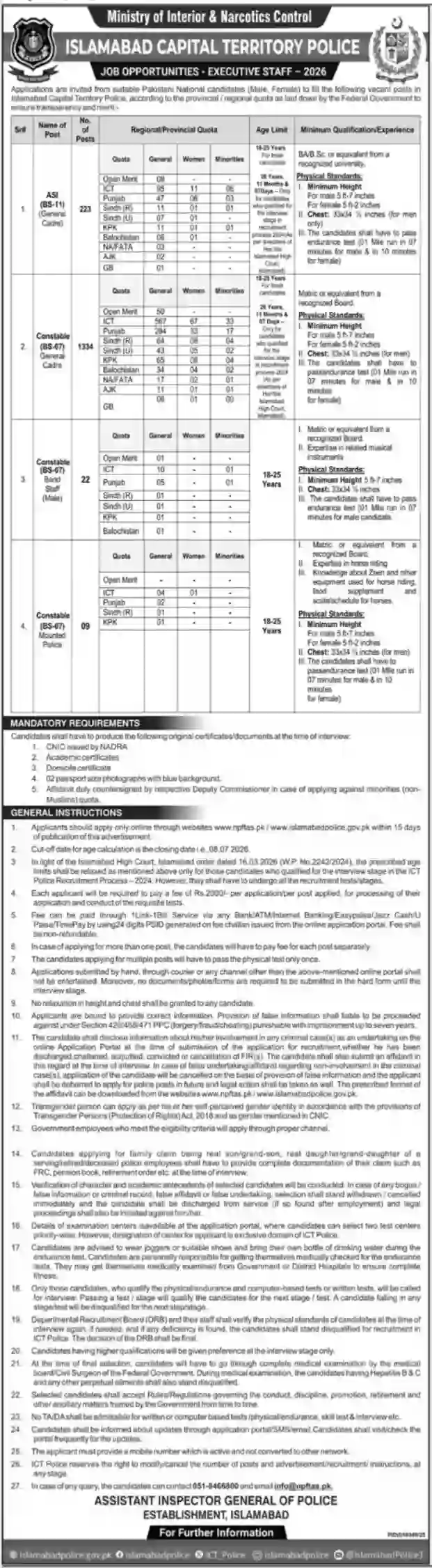 Join Islamabad Police 2026 ICT Constable Jobs, Requirements & Apply Online