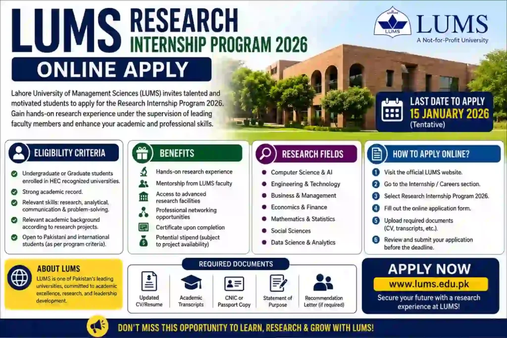LUMS Research Internship Program 2026 Online Apply – Eligibility, Benefits, Last Date & Application Process