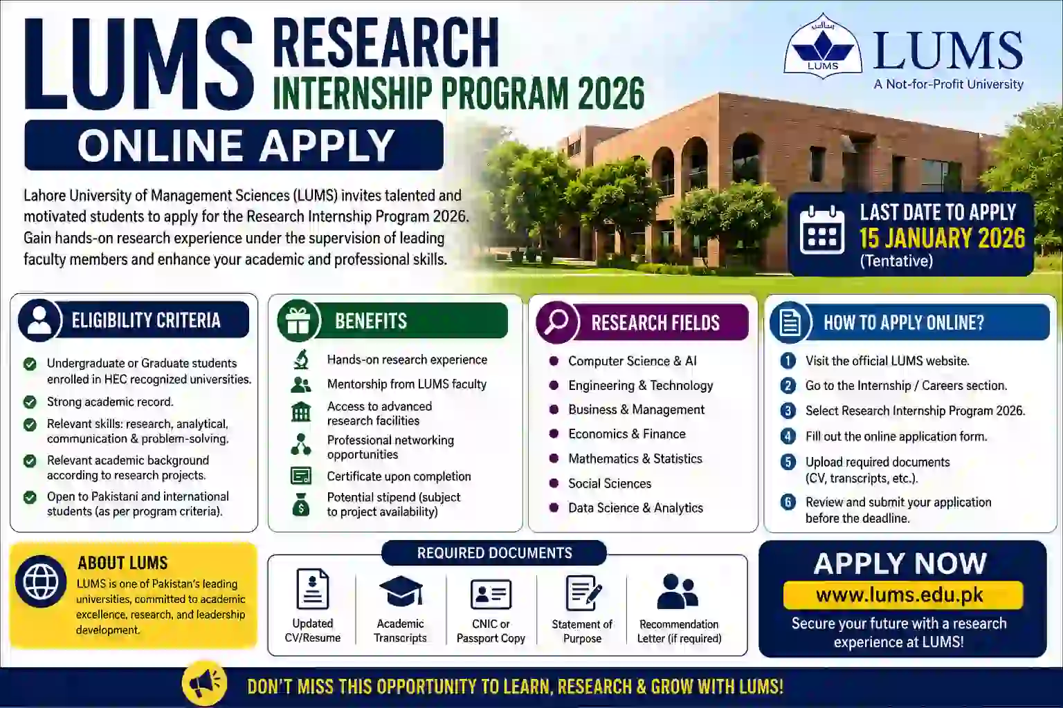 LUMS Research Internship Program 2026 Online Apply – Eligibility, Benefits, Last Date & Application Process