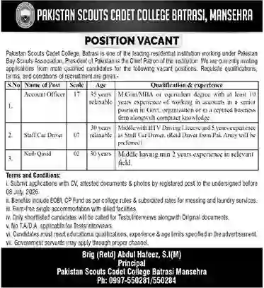 Pakistan Scouts Cadet College Mansehra Jobs 2026 – Apply Online for Latest Teaching & Administrative Vacancies