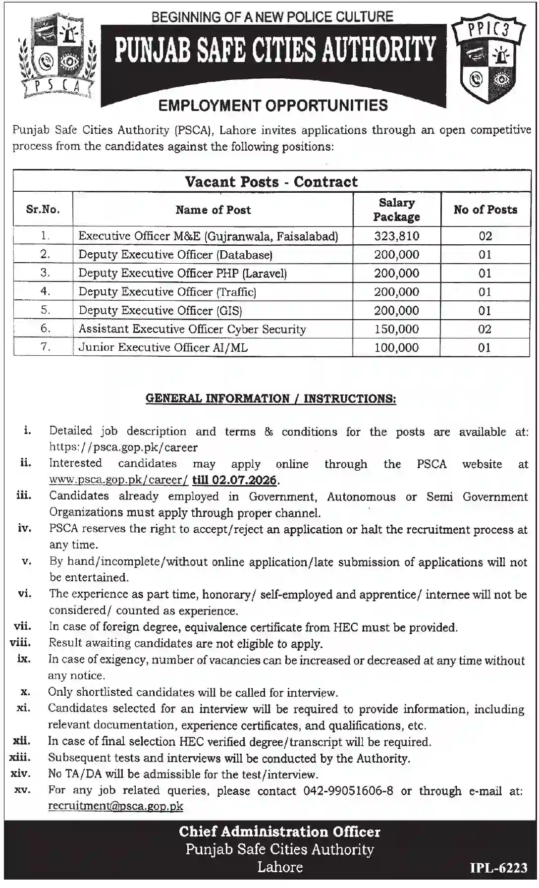 Punjab Safe Cities Authority PSCA Jobs 2026