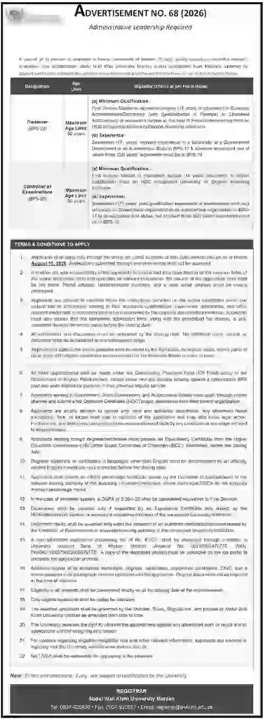 Abdul Wali Khan University Mardan Recruitment 2026 – Apply Before 10 August