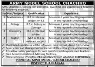Army Model School Chachro Jobs 2026