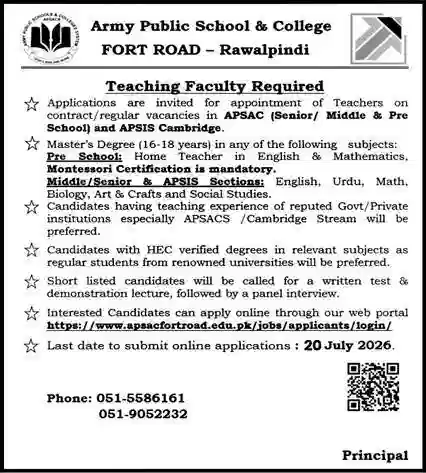 Army Public School & College Teaching Jobs 2026 Online Apply & Eligibility