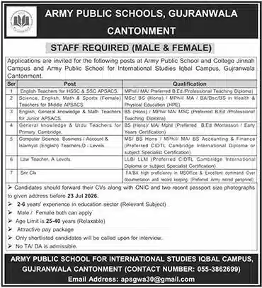 Army Public Schools & College Gujranwala Jobs 2026 – Complete Apply Process