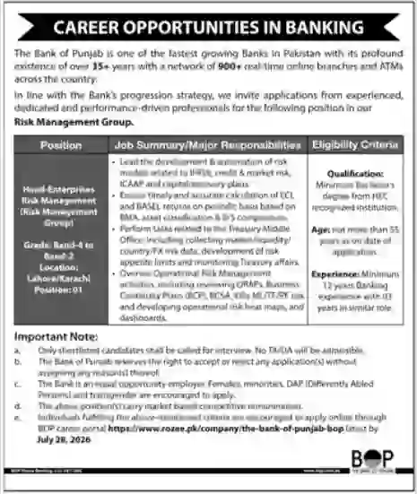 Bank of Punjab Jobs 2026 Online Apply  Latest BOP Career Opportunity