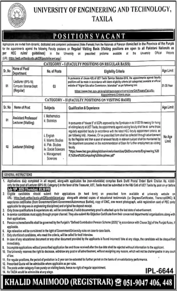 Engineering and Technology UET Taxila Jobs 2026 Apply Online Latest University Teaching Jobs