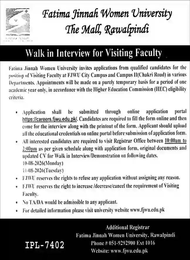 Fatima Jinnah Women University Jobs 2026 Apply Online for Visiting Faculty