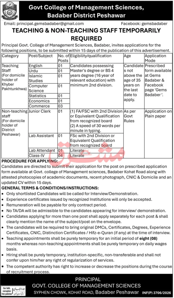 Government College of Management Sciences Peshawar Jobs 2026 – Apply Online
