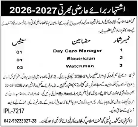 Government Islamia Graduate College For Women Jobs 2026–2027