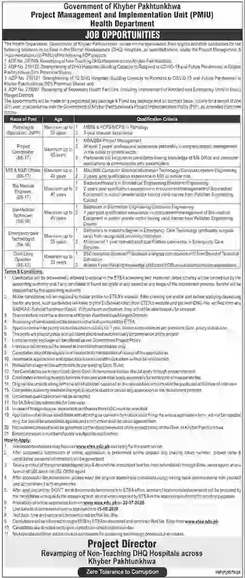 Health Department KPK PMIU Jobs 2026 Apply Online via ETEA Latest Vacancies