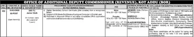 Junior Clerk Jobs 2026 Kot Addu ADC Office – PPSC Vacancy
