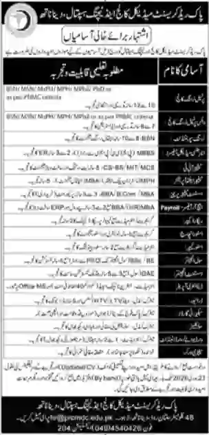 Pak Red Crescent Medical & Dental College PRSM&DC Jobs 2026 Apply Online