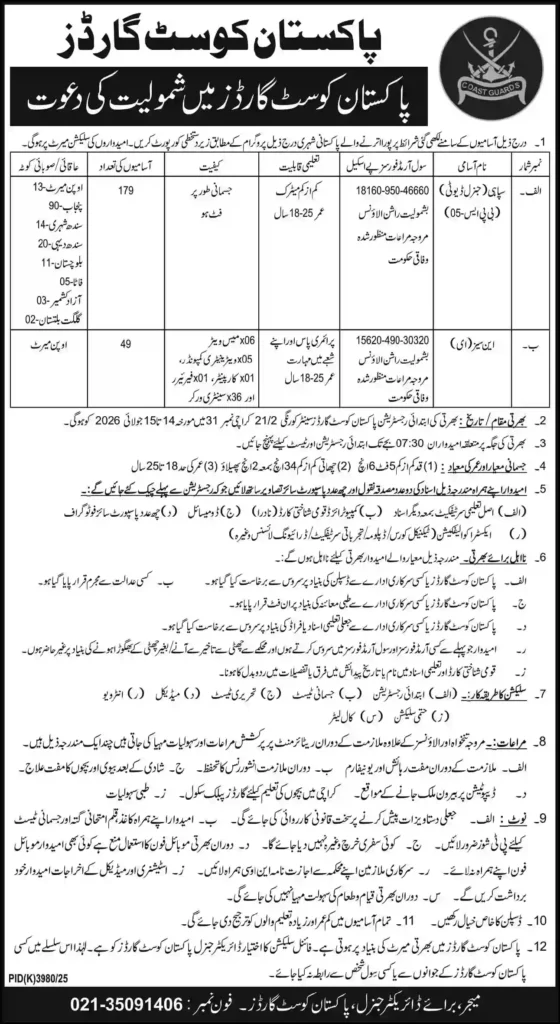 Pakistan Coast Guards Jobs 2026 Eligibility, Last Date & Application Process