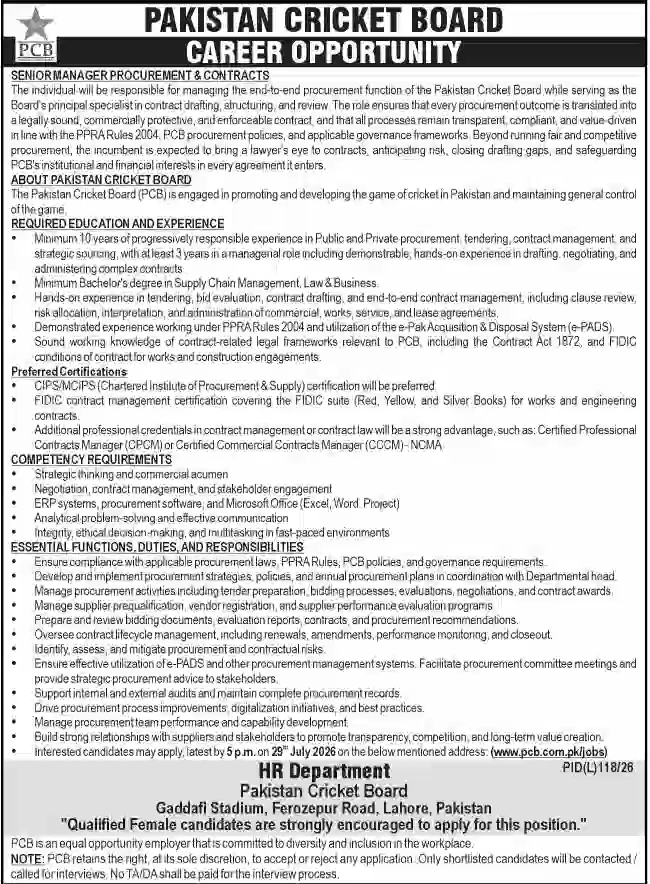 Pakistan Cricket Board PCB Jobs 2026 for Senior Manager Procurement & Contracts – Apply Online