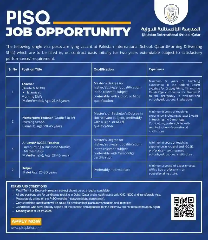 Pakistan International School Qatar PISQ Jobs 2026 – Apply Online for Teaching & Helper Vacancies