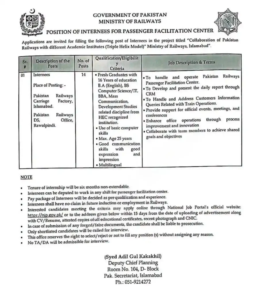 Pakistan Railways Internee Jobs 2026