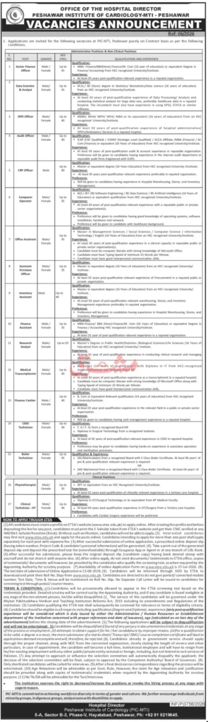 Peshawar Institute of Cardiology PIC MTI Jobs 2026 Apply Online for Latest Hospital Vacancies