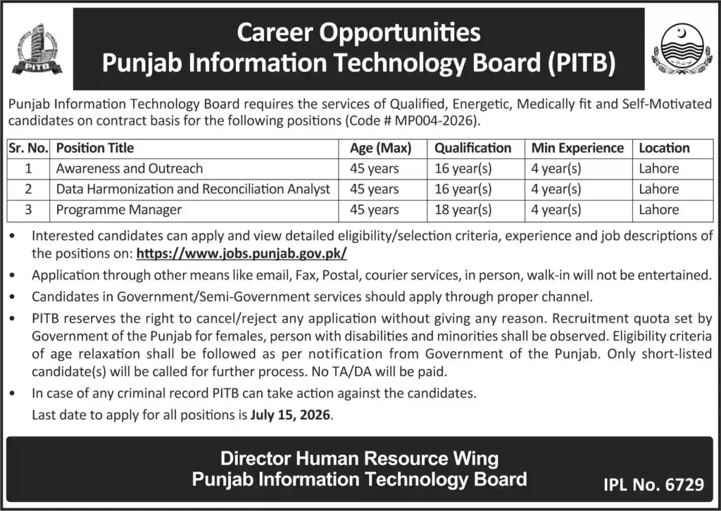 Punjab Information Technology Board Lahore Jobs 2026 Govt Jobs in Lahore Apply Online