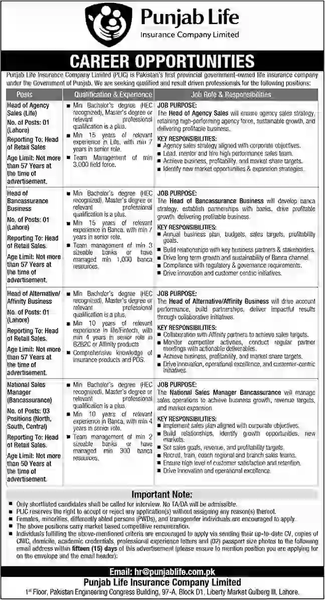 Punjab Life Insurance Company Limited PLIC Jobs 2026