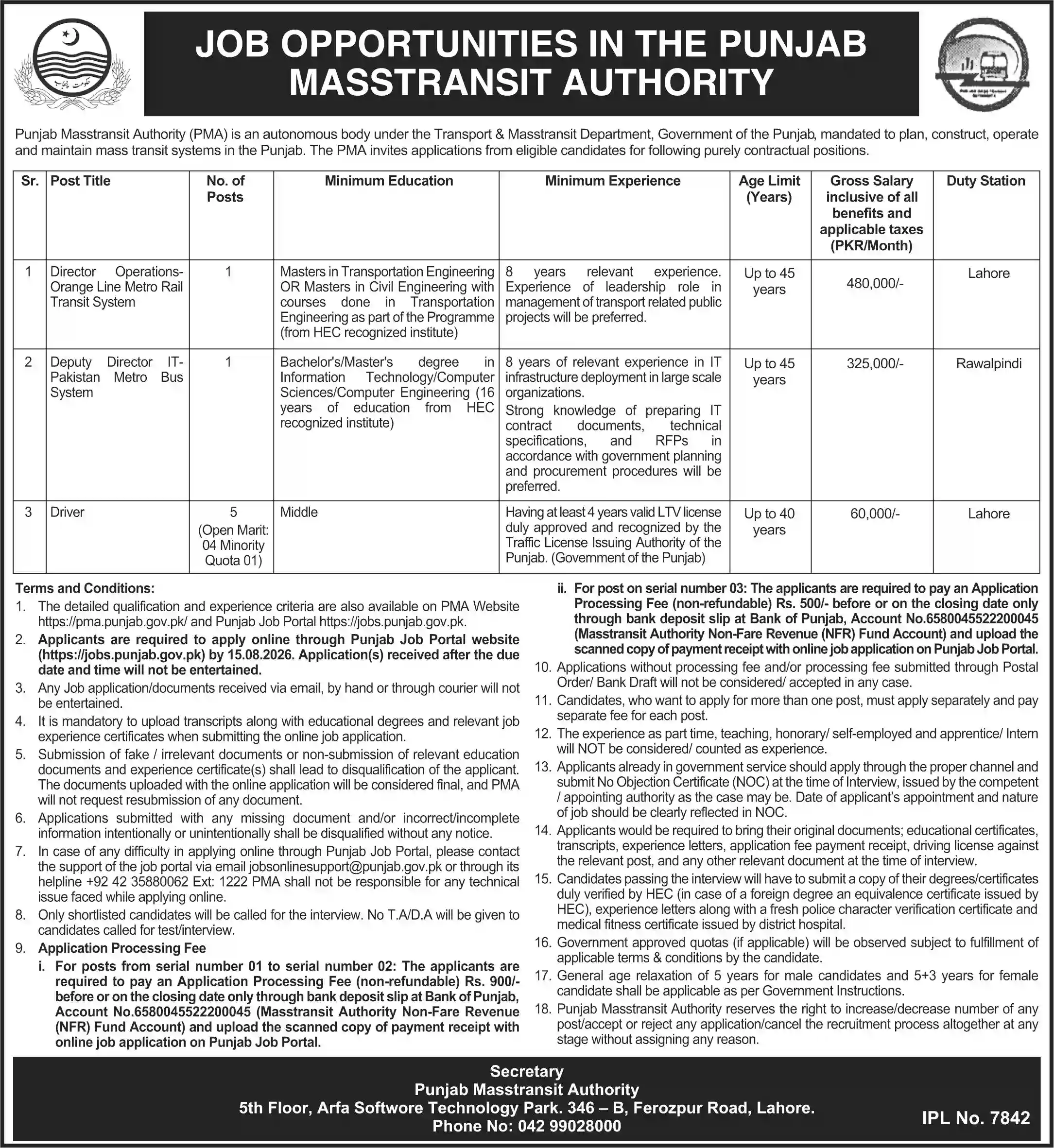 Punjab Masstransit Authority Careers 2026 Online Apply
