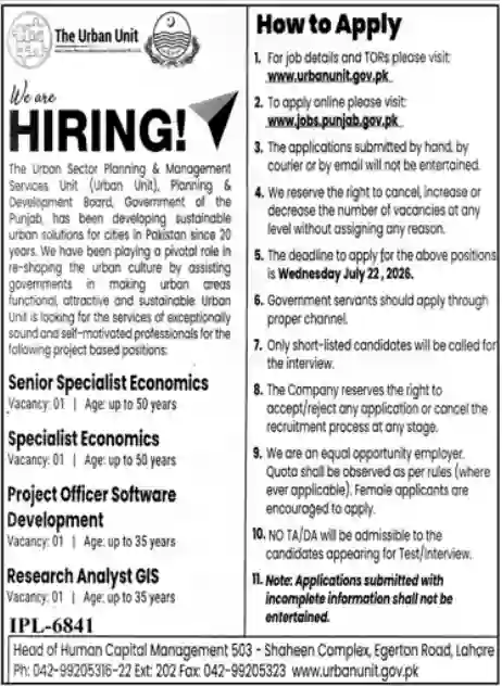 Punjab Urban Unit Jobs 2026 Senior Specialist Economics & Software Development Careers