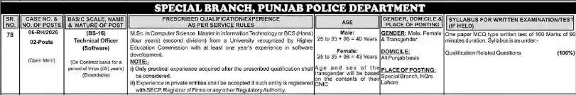Technical Officer Software Jobs 2026 – Punjab Police PPSC