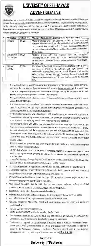 University of Peshawar Jobs 2026 Apply Online Treasurer, Controller & Internal Auditor Vacancies