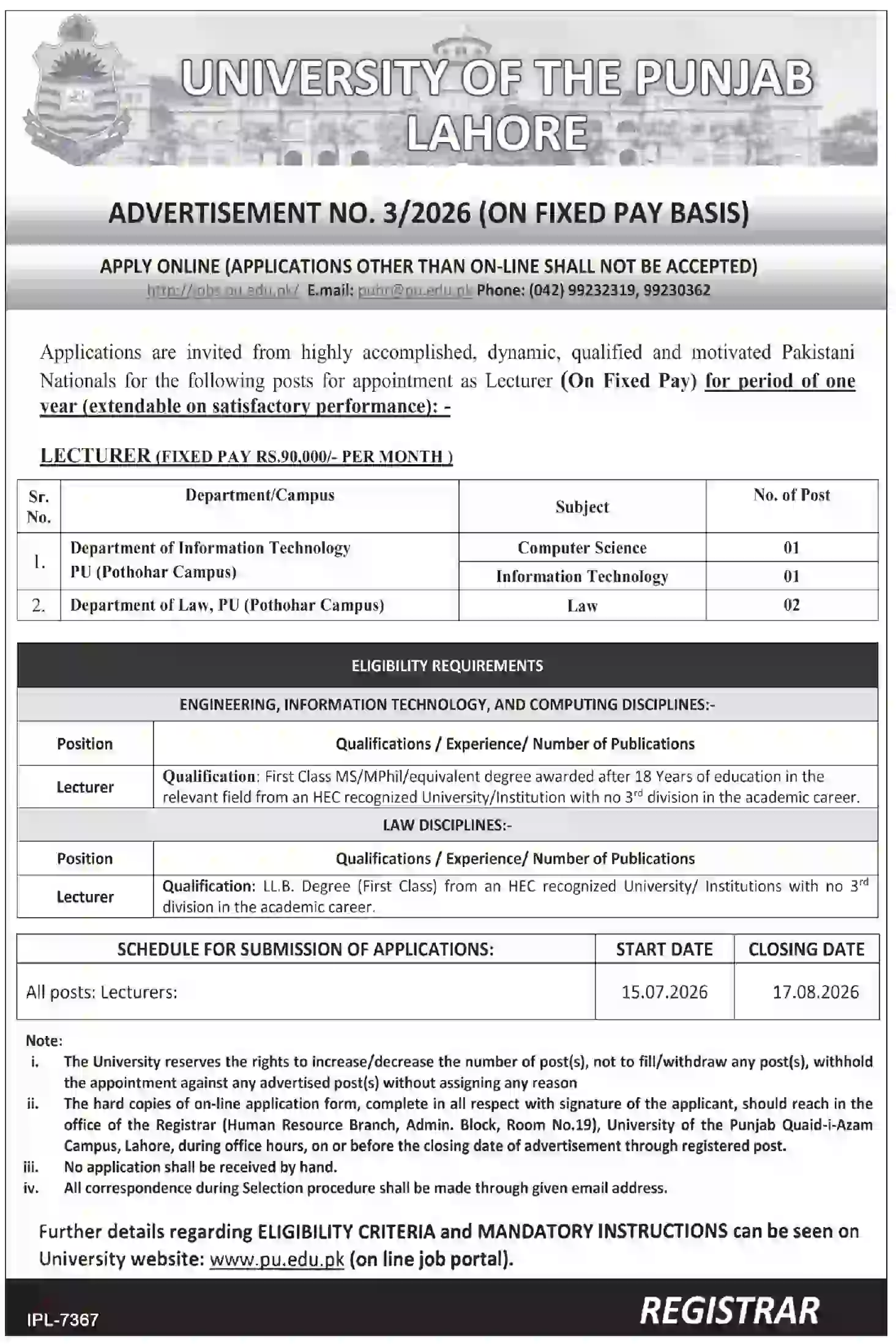 University of the Punjab Jobs 2026 for Lecturers – Online Application Guide