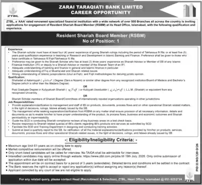 Zarai Taraqiati Bank Limited Careers 2026 Resident Shariah Board Member Recruitment