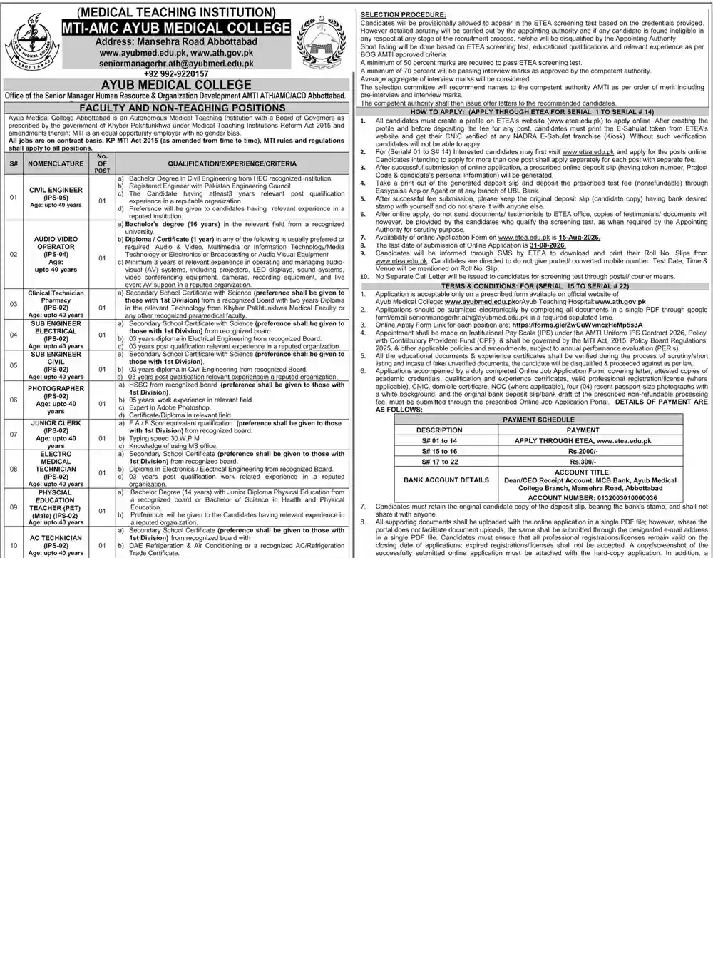 Ayub Medical College Abbottabad Jobs 2026 Apply Online