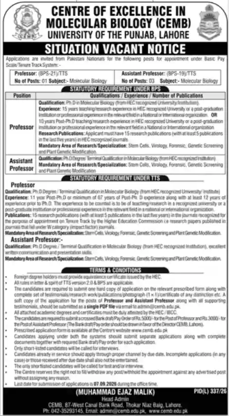 CEMB University of the Punjab Lahore Jobs 2026 – Assistant Professor Vacancies