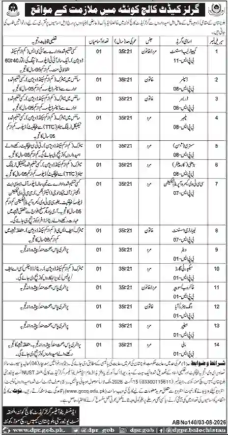 Cadet College Kohlu Jobs 2026 – Apply for the Latest Lecturer and Teaching Staff Vacancies