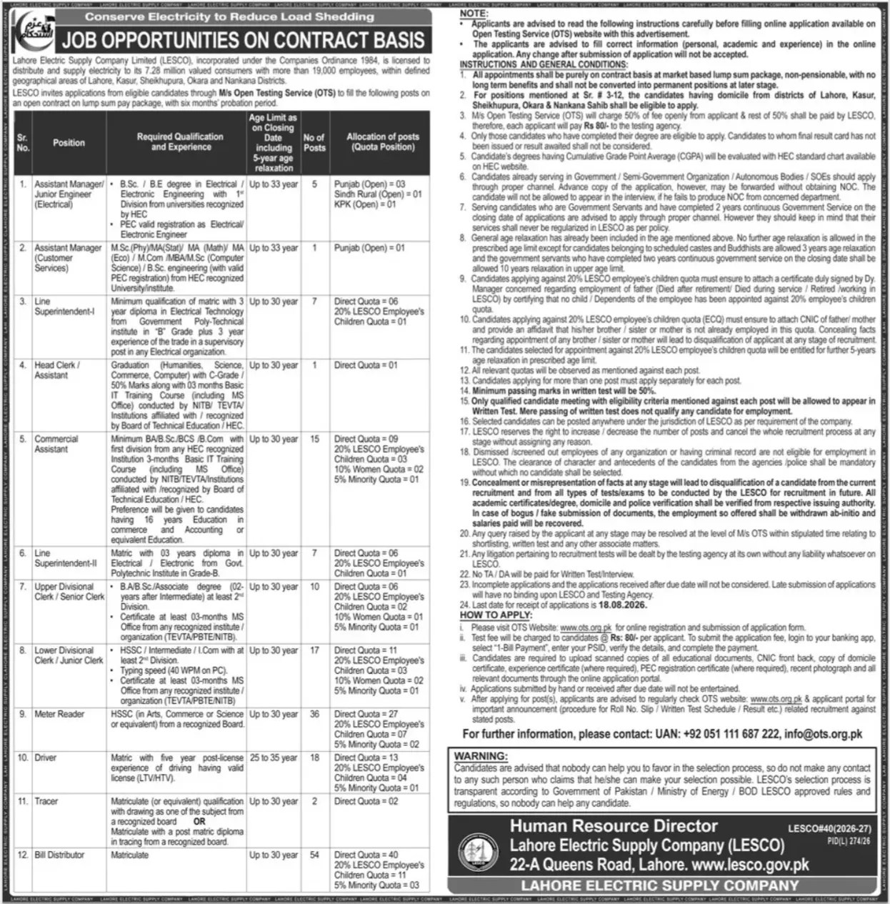 LESCO Jobs 2026 | Online Apply Lahore Electric Supply Company Vacancies in Pakistan