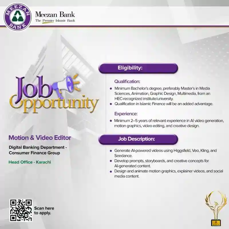 Latest Meezan Bank Jobs 2026 for Motion & Video Editor – Apply Now