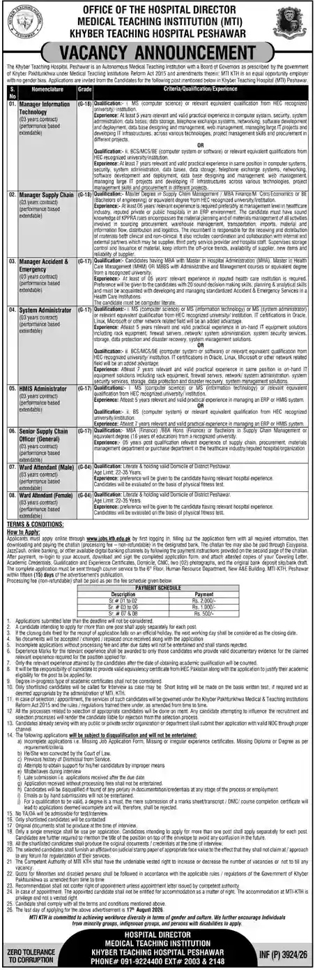 Medical Teaching Institution MTI Peshawar Jobs 2026 Online Apply