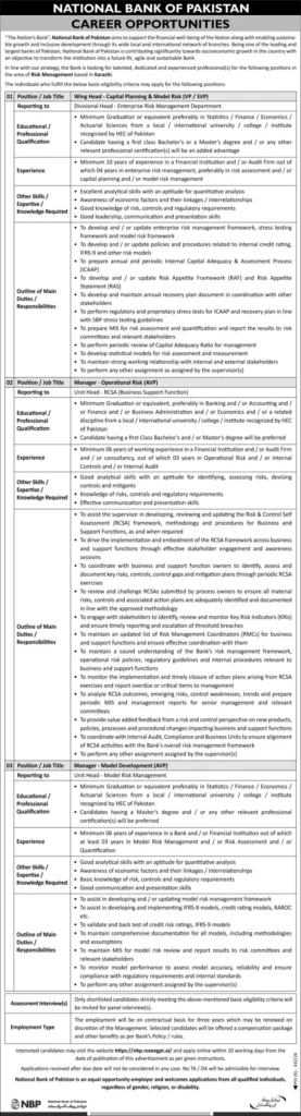 National Bank of Pakistan Jobs 2026 – Latest Career NBP Opportunities in Manager Operational Risk