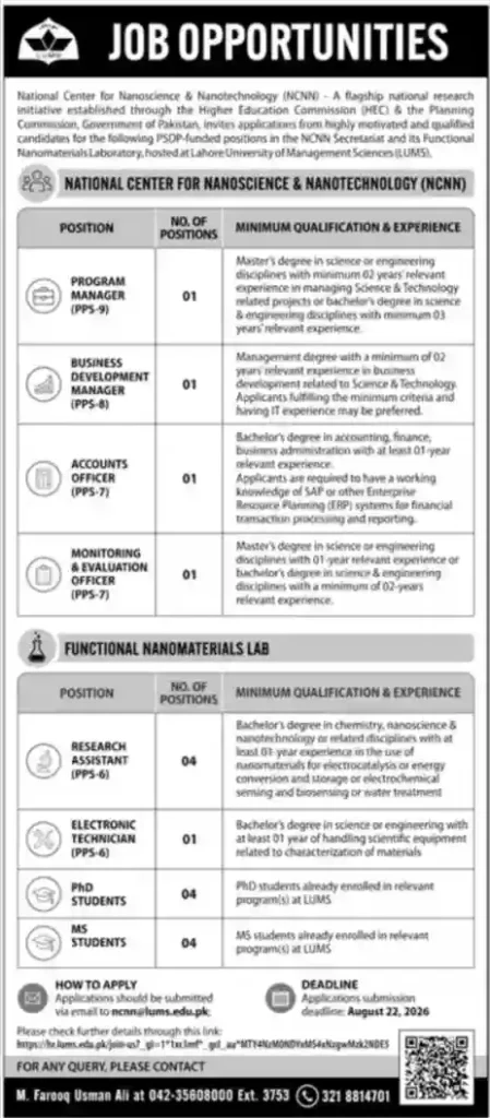 National Center for Nanoscience & Nanotechnology NCNN Jobs 2026 at LUMS – Apply Online