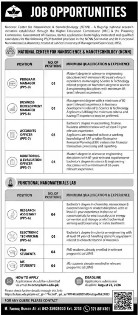 National Center for Nanoscience & Nanotechnology NCNN Jobs 2026 at LUMS – Apply Online