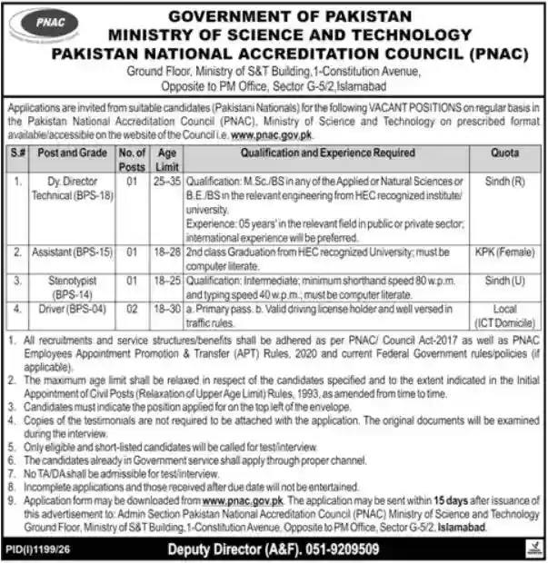 Pakistan National Accreditation Council PNAC Jobs 2026 Online Apply