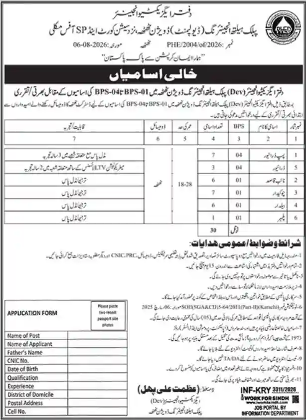 Public Health Engineering Department Karachi Jobs 2026 – Naib Qasid Vacancies