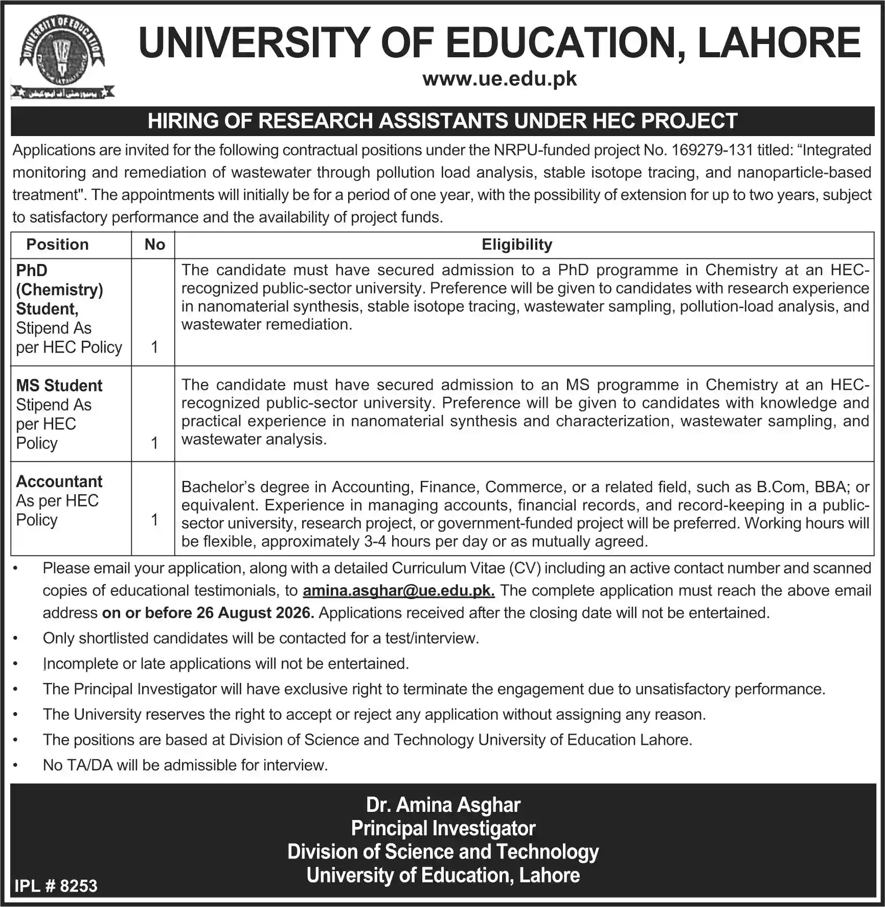 University of Education Lahore Jobs 2026 Online Apply