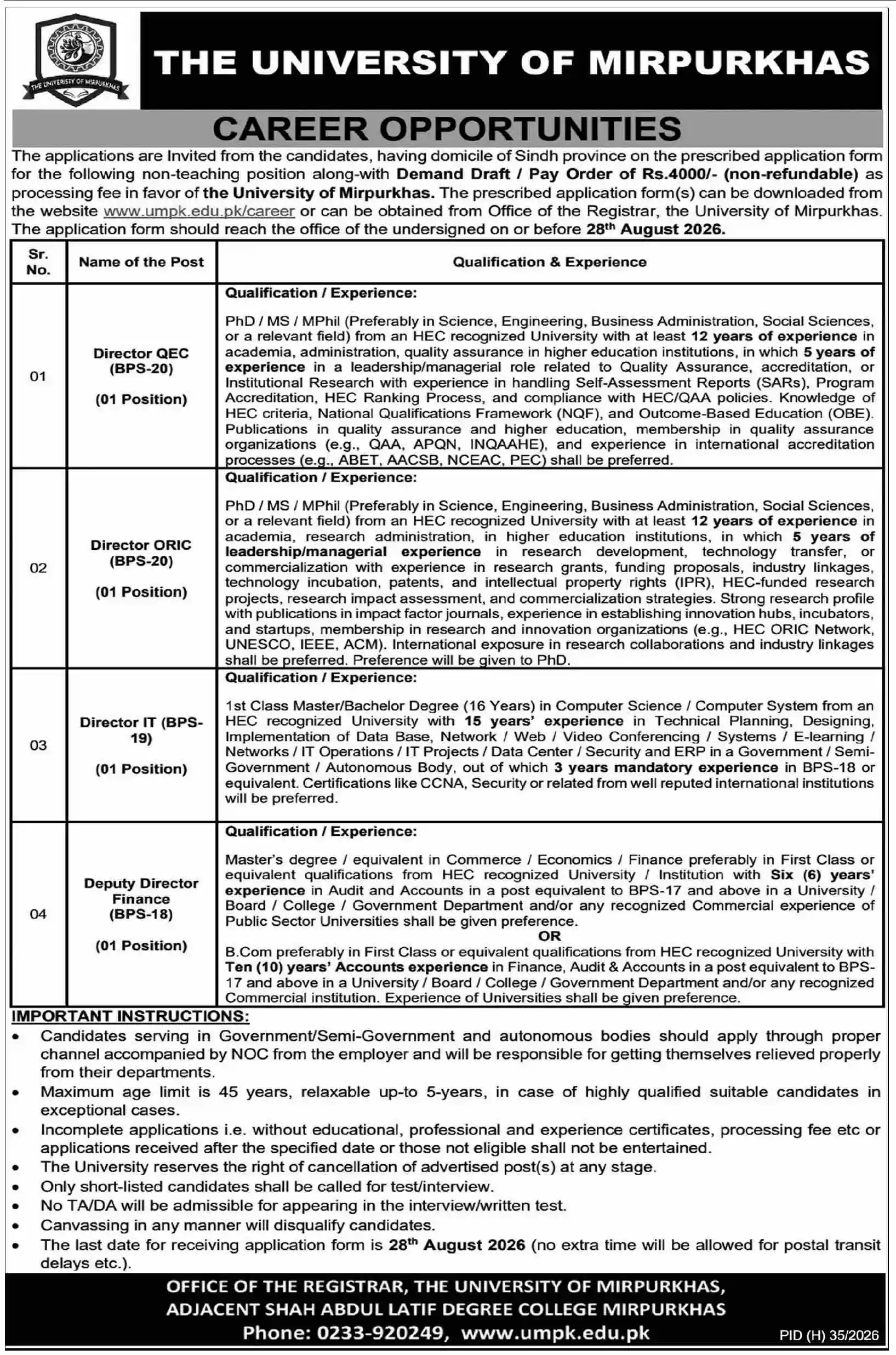 University of Mirpurkhas Jobs 2026 – Career Opportunities, Eligibility & Apply Online