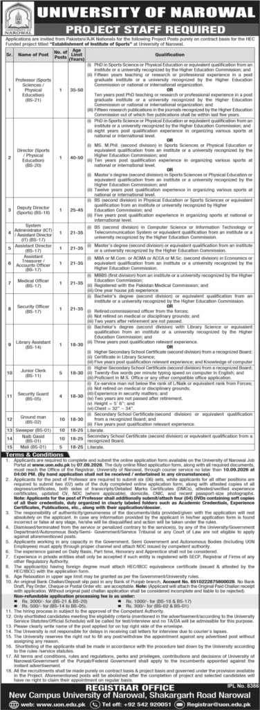 University of Narowal Jobs 2026 Online Apply