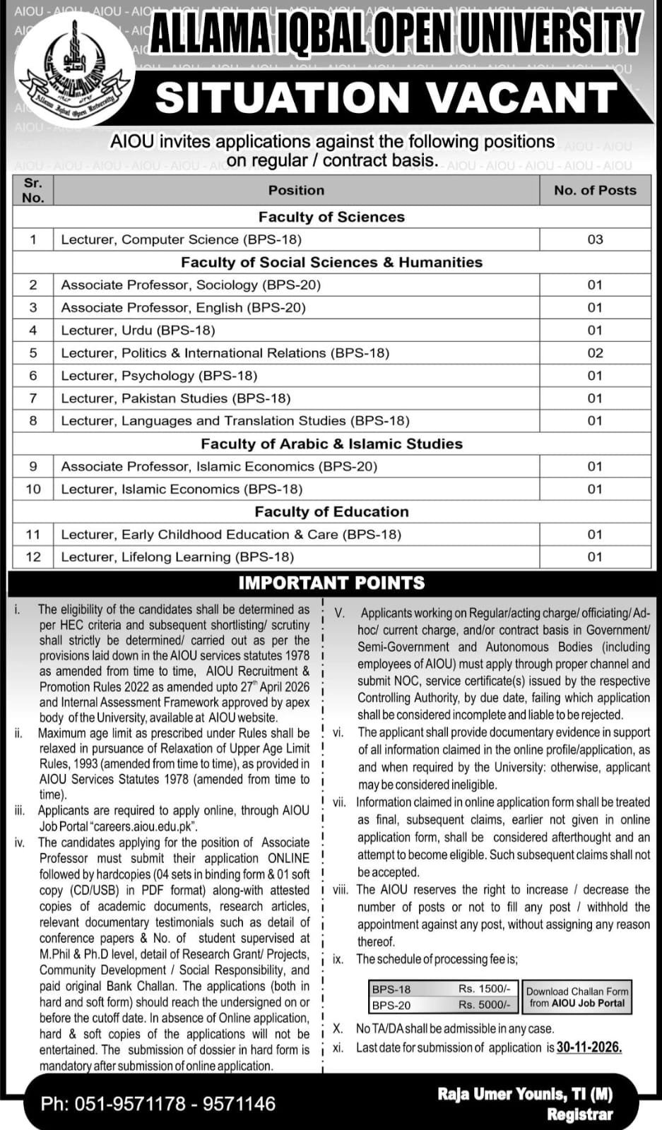 AIOU Faculty Jobs 2026 advertisement