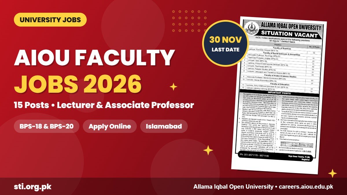 Allama Iqbal Open University Faculty Jobs 2026: 15 Lecturer and Associate Professor Posts, Apply by 30 November Allama Iqbal Open University Faculty Jobs 2026: 15 Lecturer and Associate Professor Posts, Apply by 30 November