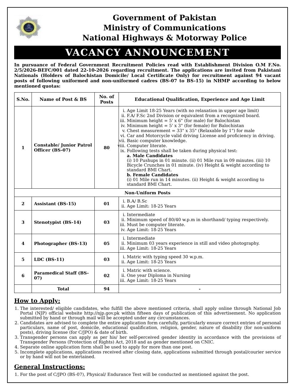 Motorway Police Jobs 2026: 80 Constable/JPO & 14 More NHMP Posts for Balochistan – Apply Online via NJP Motorway Police Jobs 2026: 80 Constable/JPO & 14 More NHMP Posts for Balochistan – Apply Online via NJP