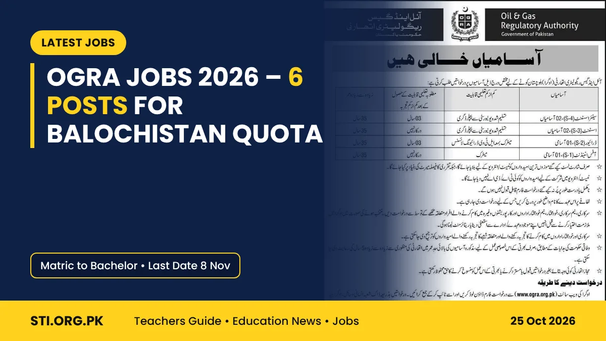Latest Jobs: OGRA Jobs 2026 for Balochistan Quota – 6 Posts From Matric to Bachelor, Apply by 8 November Latest Jobs: OGRA Jobs 2026 for Balochistan Quota – 6 Posts From Matric to Bachelor, Apply by 8 November